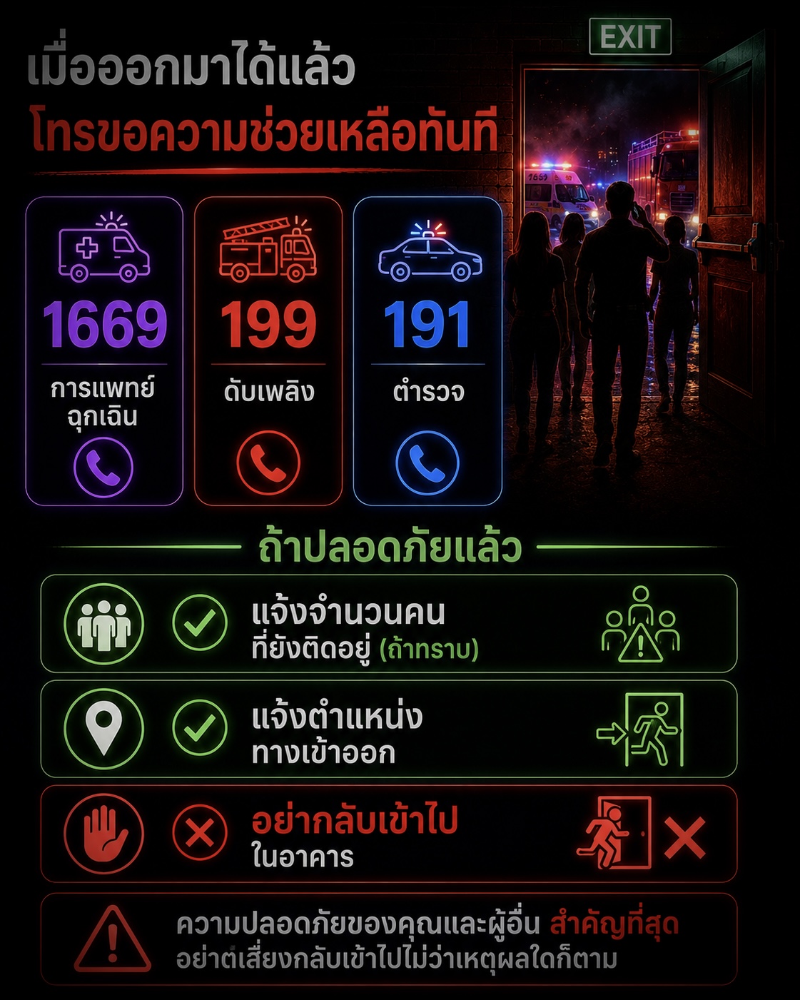 📞 เมื่อออกจากอาคารได้แล้ว